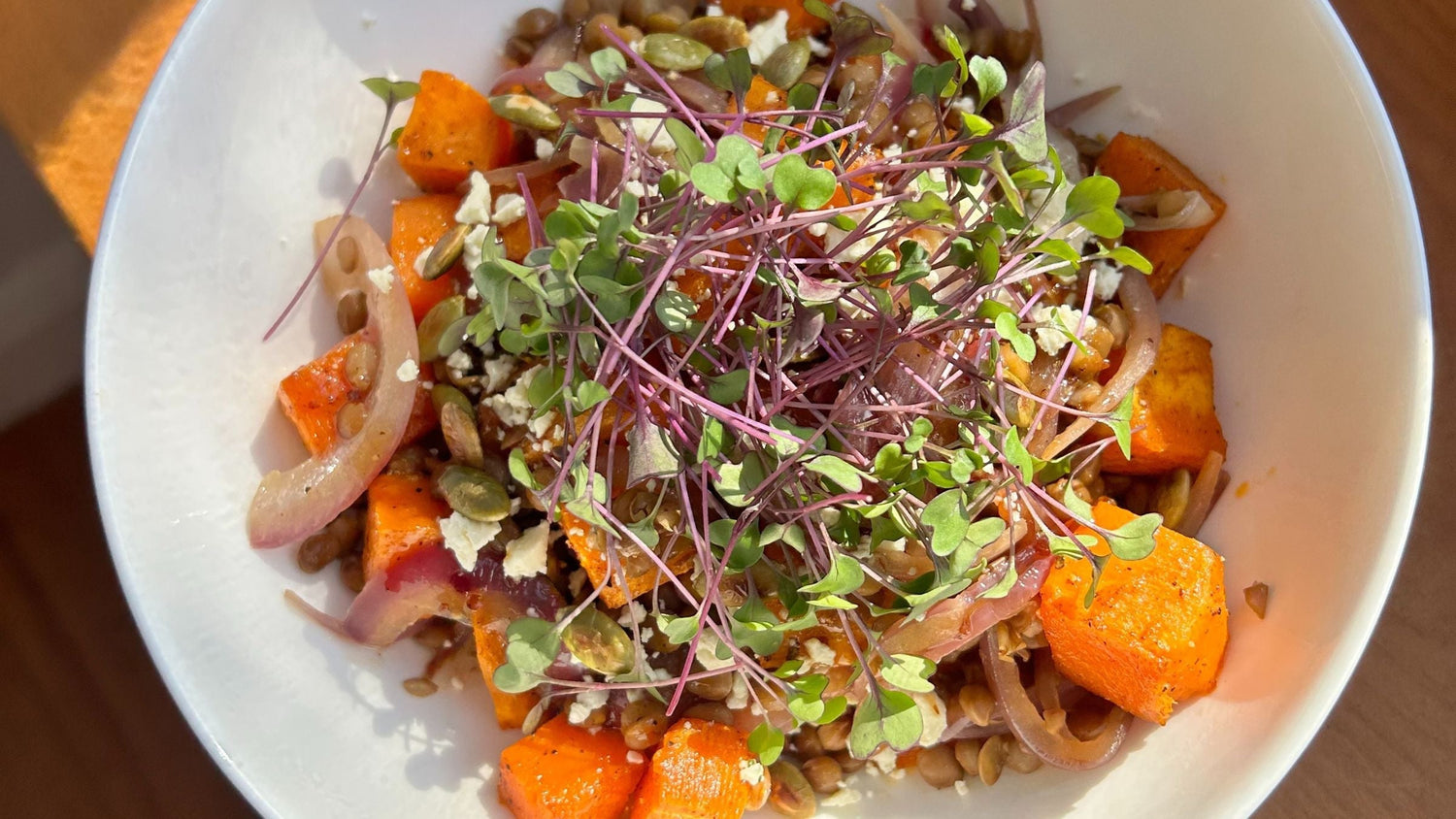 RECIPE: Roasted Kumara & Lentil Salad with Kohlrabi Microgreens